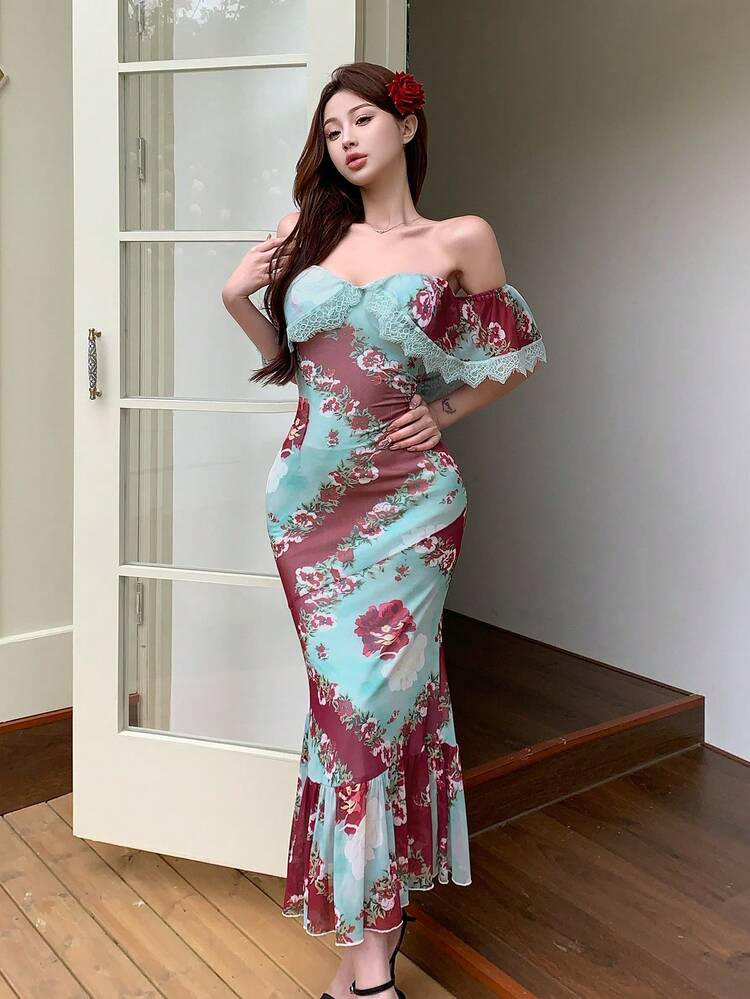 Summer Sexy Fitted Hollow Lace Patchwork Off Shoulder Mermaid Hem Dress, Vintage Artistic Print Ditsy Floral Chiffon Dress With Shawl,Ruffle