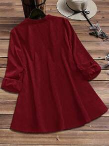 SHEIN LUNE Plus Size Women Contrast Lace Solid Color Button Front Shirt Fall Cloth For Women - Burgundy - View 2