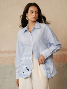 Anewsta Romantic Blue & White Stripe Embroidered Long Sleeve Casual Blouse, Suitable For Spring/Summer Renaissance Fairs, Festivals, Holidays, Vacations - Blue and White - View 6