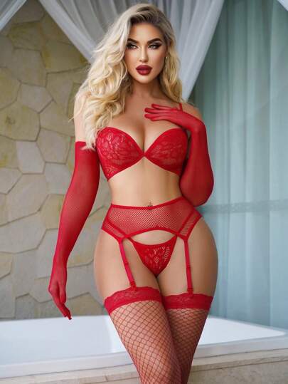 ChaseTheNight Set de 5 piezas de lencería de color liso para mujer - tanga, medias y mangas con body de red sexy