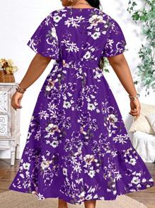 EMERY ROSE Plus Size Holiday Floral Print Dress Maxi Women Outfit - Violet Purple - View 2