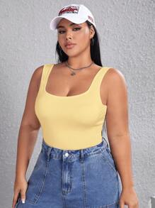 SHEIN EZwear 大码女式方领休闲紧身衣 - 黃色 - 查看 5