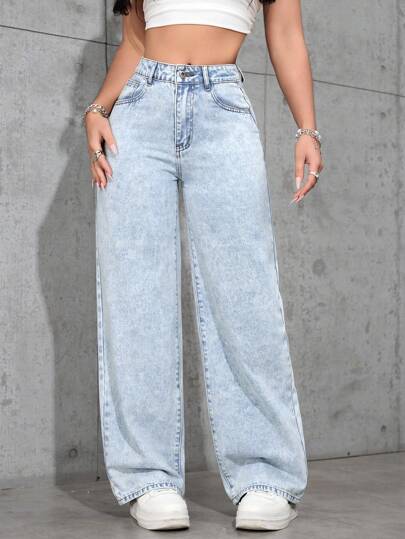 SHEIN PETITE Casual Washed Loose Straight Leg Jeans