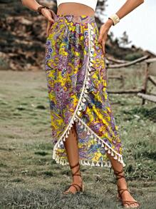 Breezaya Gonna lunga con stampa paisley, orlo arricciato con nappe, outfit da vacanza in spiaggia per donna