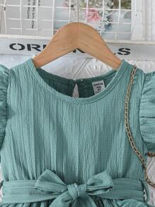 SHEIN Elladie kids Young Girl' Comfy Casual Ruffled Hem Dress With Belt, Summer Casual Dresses For Girls - Baby Blue - View 5