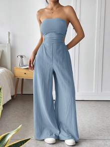 SHEIN EZwear Bộ đồ liền thân dài không tay và hở lưng, Bandeau màu trơn, hợp thời trang cho mùa hè - Màu xanh lam - Xem 4