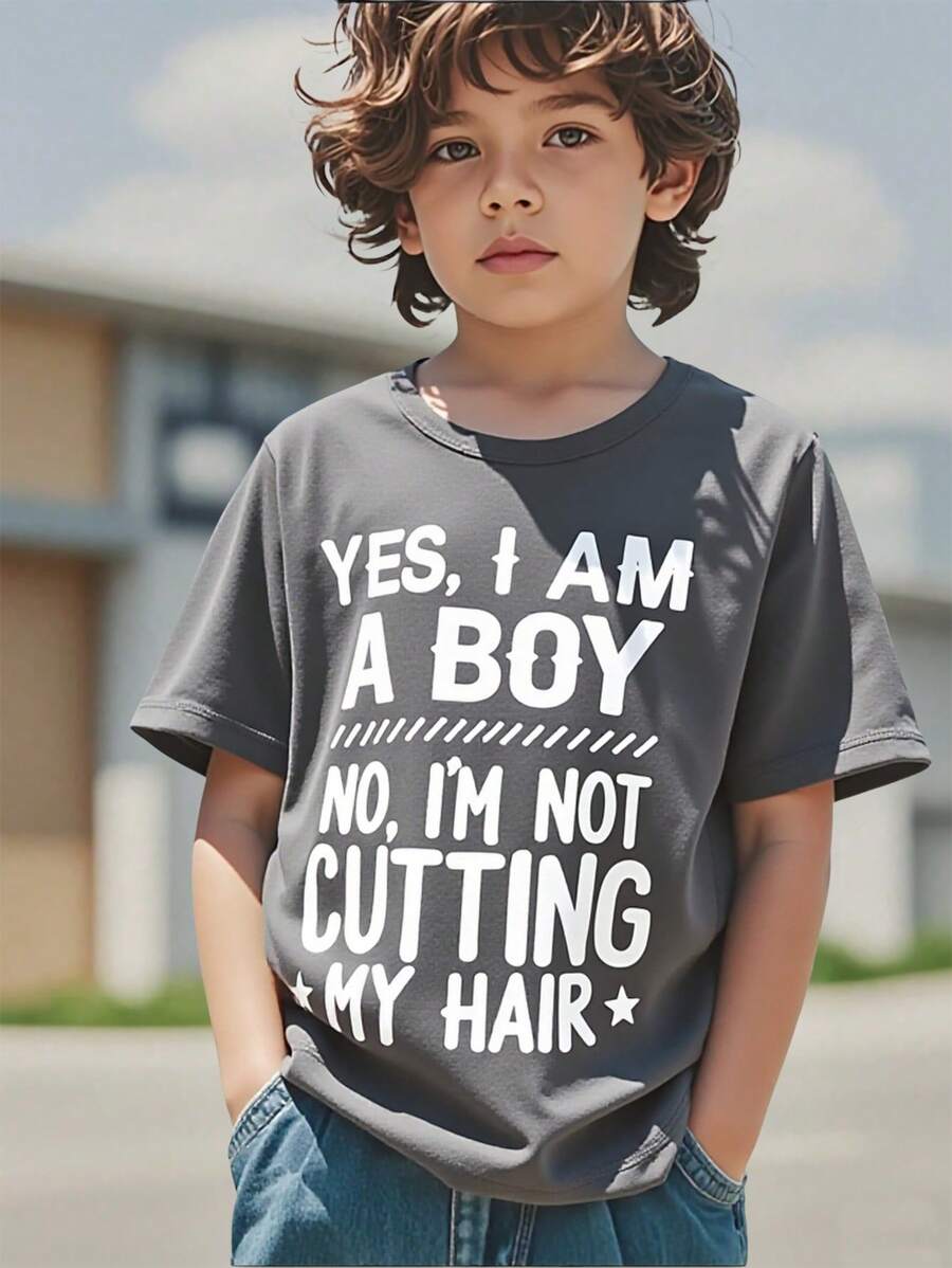 SHEIN 年轻男孩休闲百搭兄弟字母印花百搭圆领 T 恤 - 深灰色 - 查看 1