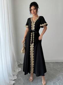 Chiquease Vestido elegante con cuello en V profundo y cinturilla para mujer