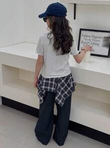 DAZY 3 件套青少年女孩服装：圆领印花短袖 T 恤 + 格子裙 + 裤子，适合春夏季，加大码，返校服装