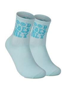 Mierfa 1 Pair Blue Letter Jacquard Pattern Women Mid-Calf Socks, Summer - Mint Green - View 3
