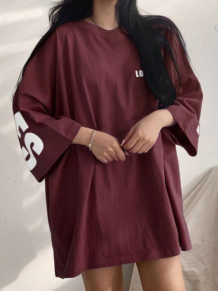 Women Letter Print Round Neck Drop Shoulder Casual Loose T-Shirt Oversized T-Shirt,Back To School Clothes