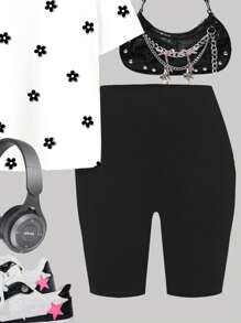 SHEIN Leap Crew 2 件装 Tween 女童休闲简约黑白花卉印花短袖宽松 T 恤和短裤套装，夏季 - 彩色 - 查看 5