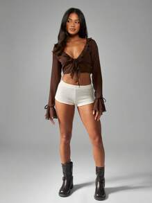 MISSGUIDED 荷叶边雪纺长袖短款上衣沙滩罩衫，喇叭袖，节日夏春波西米亚风格派对晚会穿着 - 棕色 - 查看 1