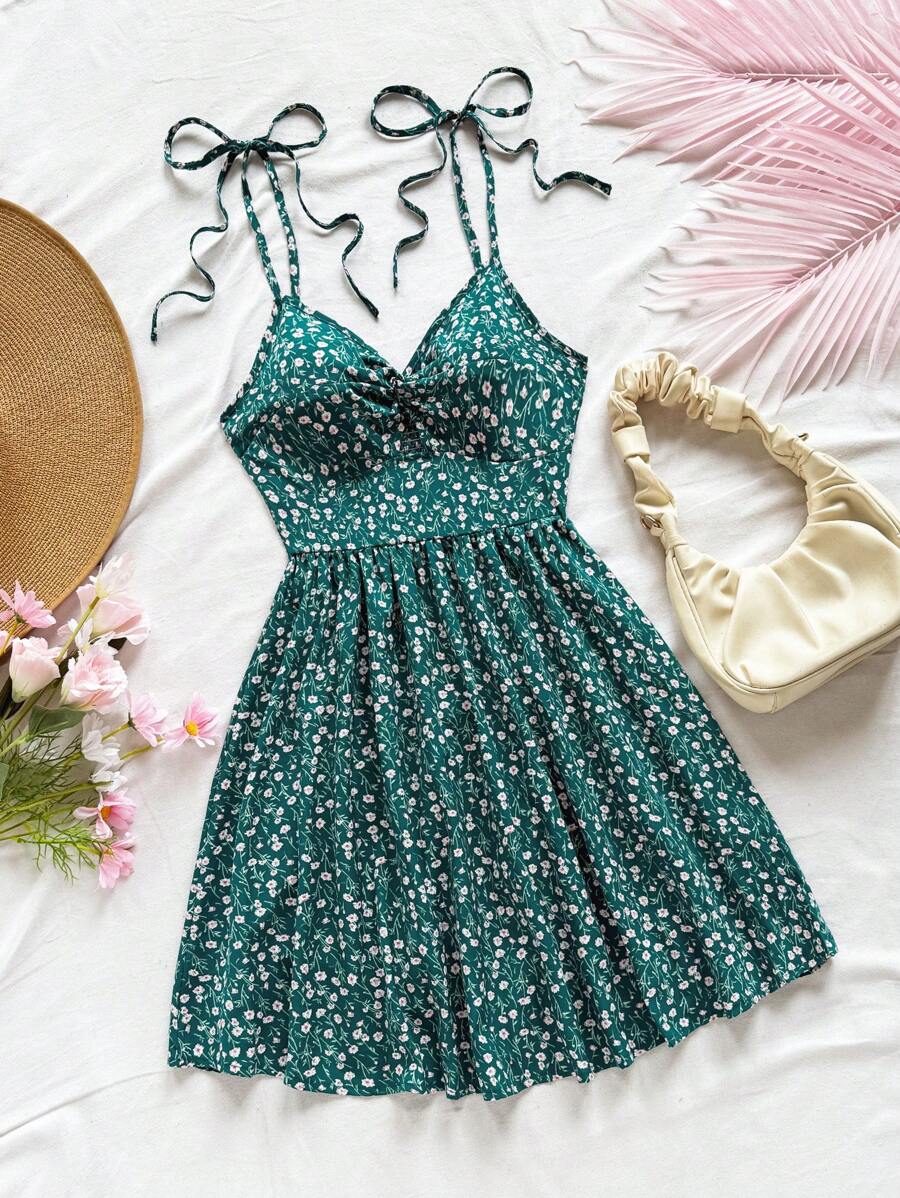 Soleia 碎花前扭結肩上打結吊帶連衣裙 - 彩色 - 查看 1