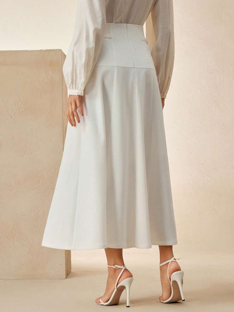 エレガント、カジュアル、ビジネスカジュアル、シック、オールドマネースタイル ホワイト ハイウエスト Aラインマキシスカート、春夏