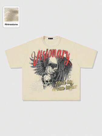 Herren locker sitzende kurze Oversized T-Shirts mit Strass-Schädel- und Flügel-Aufdruck