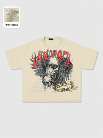 Herren locker sitzende kurze Oversized T-Shirts mit Strass-Schädel- und Flügel-Aufdruck