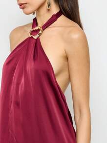 AiiRZ Elegant Halter Neck Satin Maxi Dress With Gold Hardware Detail Evening Gown High Slit Special Occasion Formal Wedding Guest Cocktail Party Floor Length