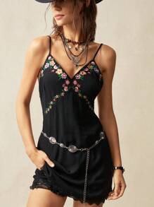 Bohemela BOHO Vacation Style Embroidery Pattern Woven Backless Mini Dress For Women - Black - View 1