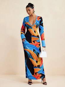 LUNA B Floral Print Deep V Neck Cuff Buttons Long Sleeves Casual Summer Vacation Outfit Beach Women Summer Blouses - Multicolor - View 4