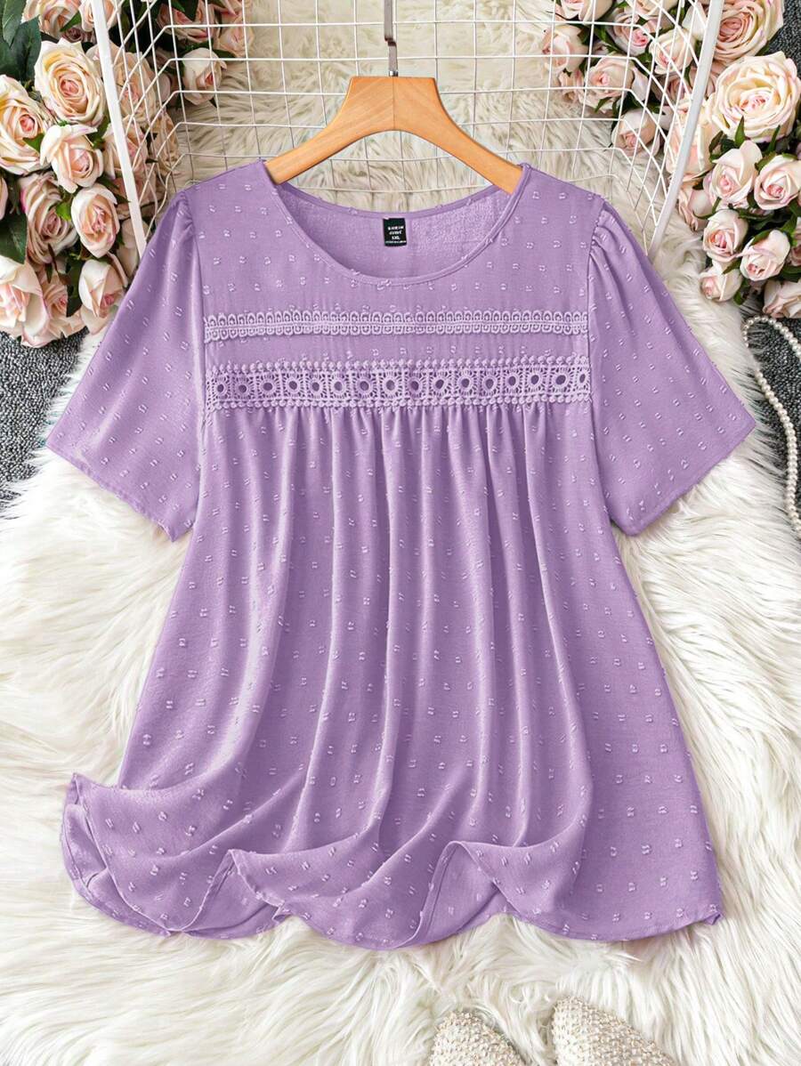 大码纯色提花休闲衬衫，适合新年日常穿着 - 淡紫色 - 查看 1