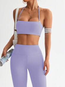 Easithlete Women Solid Color Cropped Tank Top And Leggings Sports Suit - Purple - View 4
