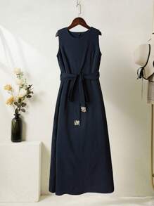 Al Najma Plus Size Women's Vintage Print Robe, Solid Color Sleeveless Robe Abaya Set, Modest