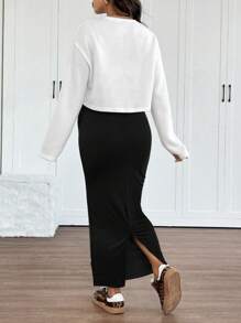 SHEIN Maternity Set: Raglan Long Sleeve Top + Solid Color Fitted Strap Dress, 2pcs, Autumn