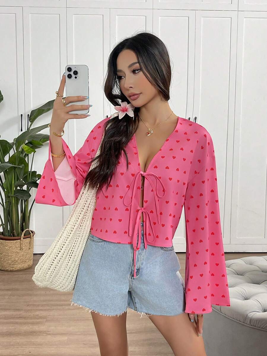 INAWLY Women's Spring Red Long Sleeve Tie Front Shirt - Multicolor - View 1