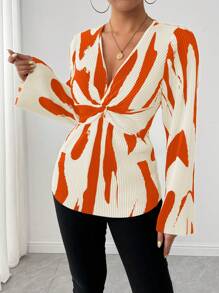 Chiquease 时尚通勤拼色扭褶印花衬衫（不对称印花） - 橘色 - 查看 1