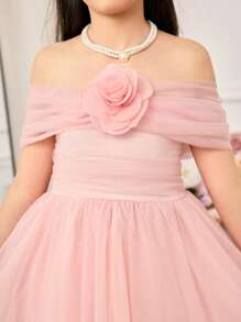 Tween Girl Elegant Pink Mesh Floral Dress, Summer - Pink - View 6