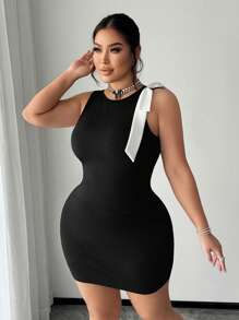 SHEIN SXY Sexy elegantes Oberteil mit weißer Schleifen-Verzierung und figurbetontem Bleistiftrock in Große Größen für Pendlerinnen, geeignet für den Alltag, Festivals, Date Nights, Geburtstage, Junggesellinnenabschiede, Hochzeiten, elegant, lässig, Shopping, Ausgehen, verspielt, leicht zu kombinieren & figurbetont, hebt die Figur hervor - Schwarz - Übersicht 1