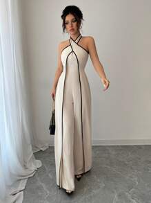 Elenzga Women's Flared Leg Surplice Neck Jumpsuit