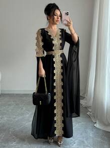 Rafferiza Kiểu dáng Áo choàng Abaya chắp vá dài tay, Áo choàng dài viền ren màu trơn cho nữ - màu đen - Xem 6