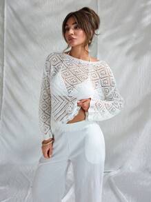 RueChic Femme Cache-col couleur unie à col rond et manches larges avec motif ajouré