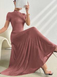 Mulvari Women's Summer Elegant Solid Color Dress With Stand Collar - Pink - View 5