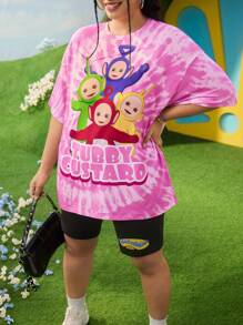 Teletubbies X SHEIN Plus Size Cartoon & Tie Dye Pattern Round Neck Short Sleeve T-Shirt And Black Shorts, Festive Outfit, For Country Music Festival Costume, Beach Wear