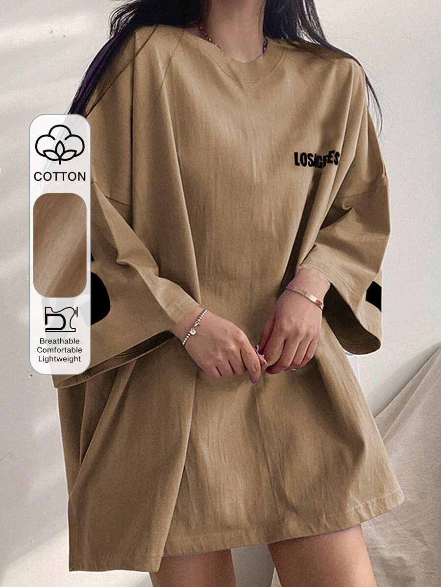 Áo thun nữ cổ tròn in chữ, dáng rộng, dáng rộng, thả vai, áo phông rộng rãi, dáng rộng - Màu Khaki - Xem 1