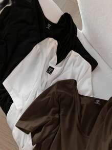 SHEIN EZwear 3 pièces/set T-shirt à col en V polyvalent, blanc + noir + marron, tissu doux, t-shirt à manches courtes grande taille polyvalent, printemps et été - Tabac - Voir 6