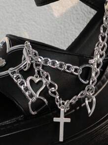 ROMWE Grunge Punk 2024 新款哥特式十字架和链条细节厚底坡跟凉鞋，适合夏季新年假期情人节春季鞋、万圣节户外休闲穿着