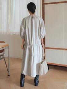 Dazy-Less Abito estivo casual da donna, dritto, in tessuto a blocchi di colore, con colletto alto, coulisse con lacci in vita, lunghezza midi