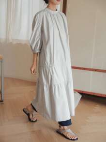 Dazy-Less Abito estivo casual da donna, dritto, in tessuto a blocchi di colore, con colletto alto, coulisse con lacci in vita, lunghezza midi