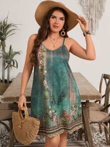 EMERY ROSE Summer Plus Size Strap Floral Print Vacation Dress,Women Summer Clothes