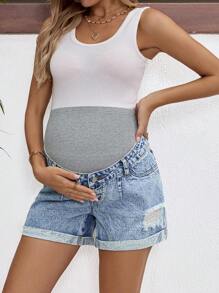 SHEIN Pregnant Women's Casual Snug Fit Ripped Denim Shorts, Blue,Beach Outfits For Maternity,Summer/Summer Outfits For Women, Suitable For Parties, Holidays, Dates, Valentine's Day, Afternoon Tea, Suitable For Summer,Spring Summer Vacation Beach Outfits Fashion Outfits,Mother Day/Mom/Mother/ Mommy/Mother's Day/Mama/Mum/Mother's Day Gift,Summer / Summer Outfits For Women/ Summer Clothes / Cute Summer Tops/ Summer Bottoms/Summer For Women - Blue - View 3