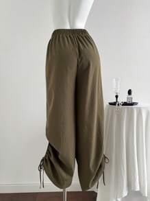 SHEIN LUNE Women's Solid Color Elastic Waist Drawstring Hem Straight Leg Casual Pants Fall Cloth For Women - Army Green - View 2