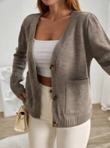 EURMUSE Women Balloon Sleeve Detailed V-Neck Cardigan With Pockets Fall Women Clothes,Long Cardigans Woman,Petite Cardigans,Cardigans - Mocha Brown - View 3