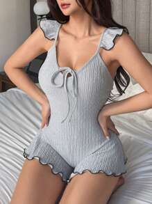 DAZY Women Textured Knit Camisole Jumpsuit With Ruffle Hem, Fitted Short Pajamas - Grey - View 5