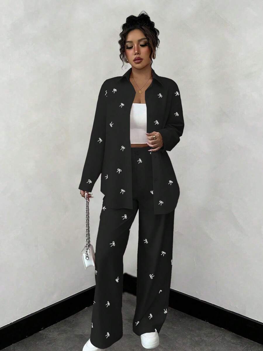 Chiquease 2pcs/Set Women Spring Summer Butterfly Print Pink Set, Versatile For Outing, Party, Back To School - Black - View 1