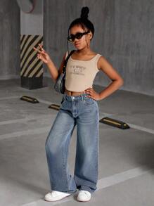 SHEIN Explorewe Tween Girl 复古洗水牛仔阔腿牛仔裤，经典百搭百搭设计 - 中等水洗藍 - 查看 6