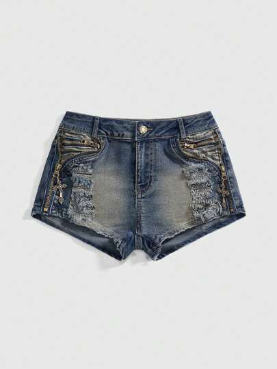 Grunge Punk Y2K Zig-Zag Print & Cross Patchwork Vintage Low Rise Women Slim Fit Denim Shorts